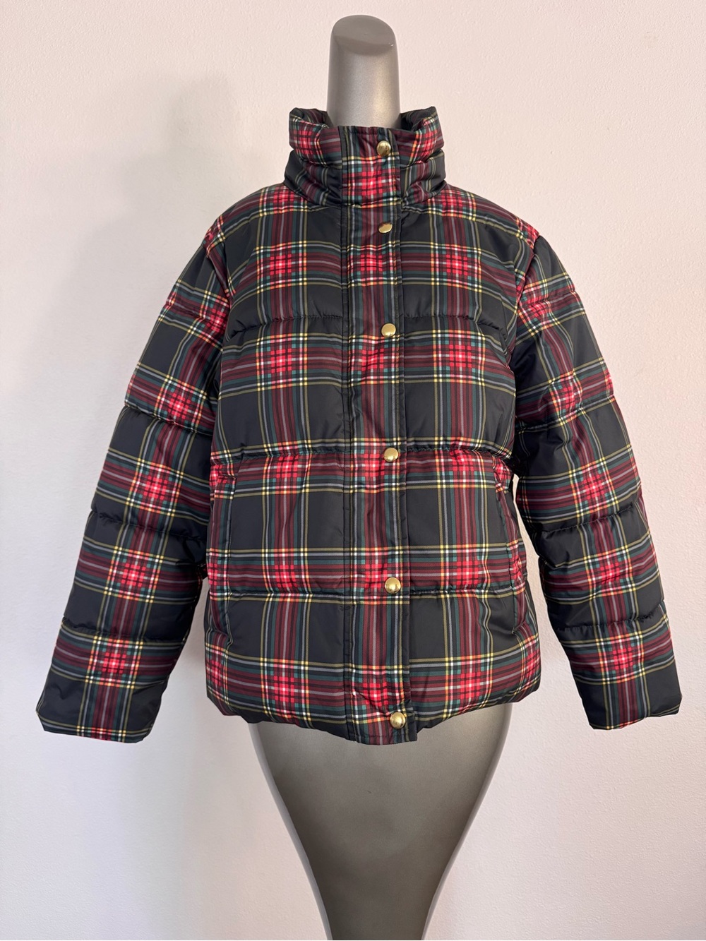 J.Crew Tartan Plaid Puffer Jacket Size S Black Red Gold Snap Zip - Picture 3 of 11